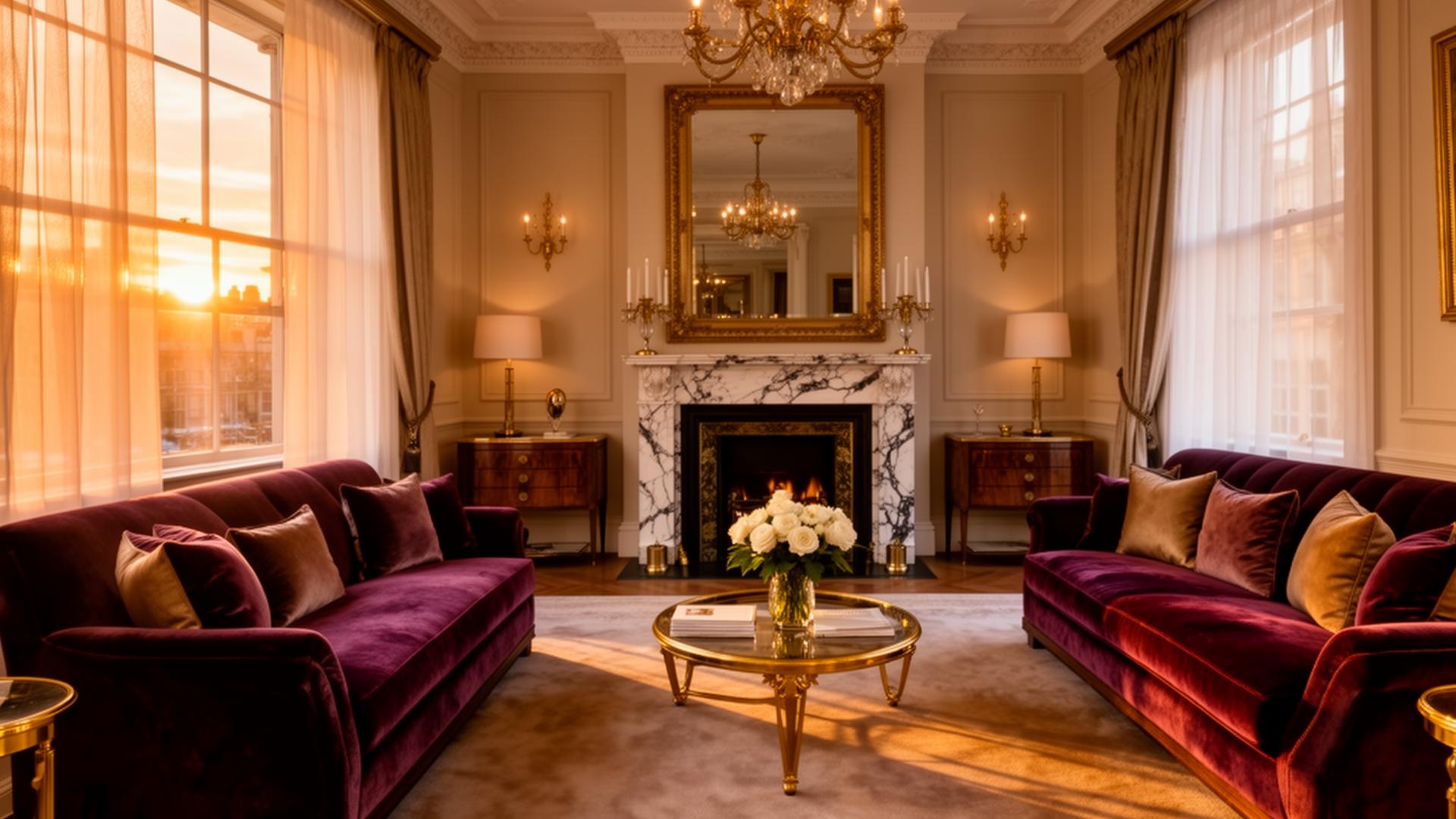Luxury Mayfair living room interior with marble fireplace and velvet sofas